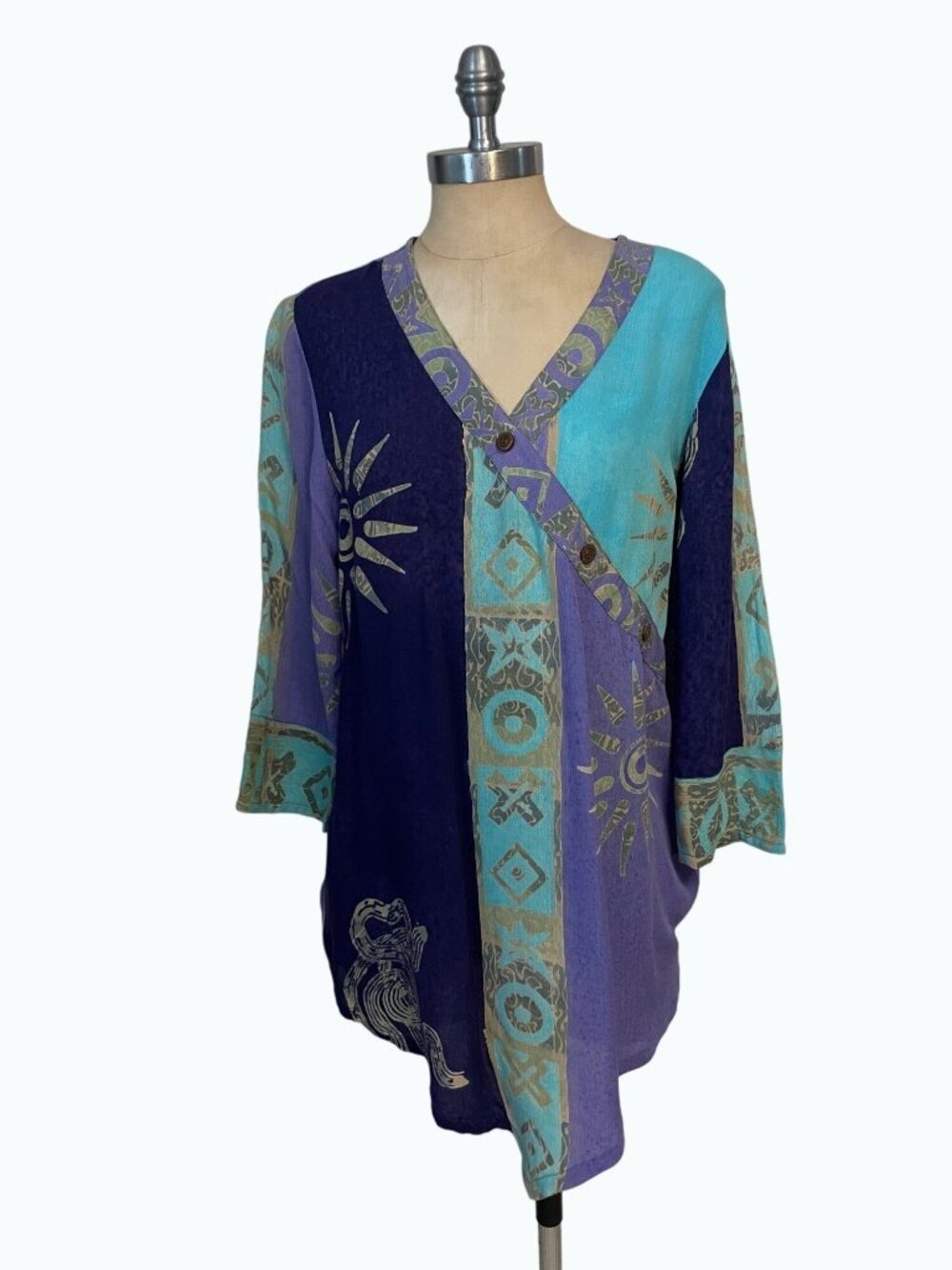 Soft Surroundings Wrapped Tunic Top V Neck 3/4 Sleeve Multicolored Rayon XS